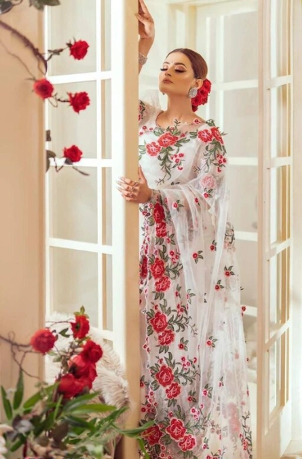 AAGAM Organza Silk Shaded Multi Thread Work White Sarees With 2 blouse Pieces - Free Size, White, Organza, Pack of1